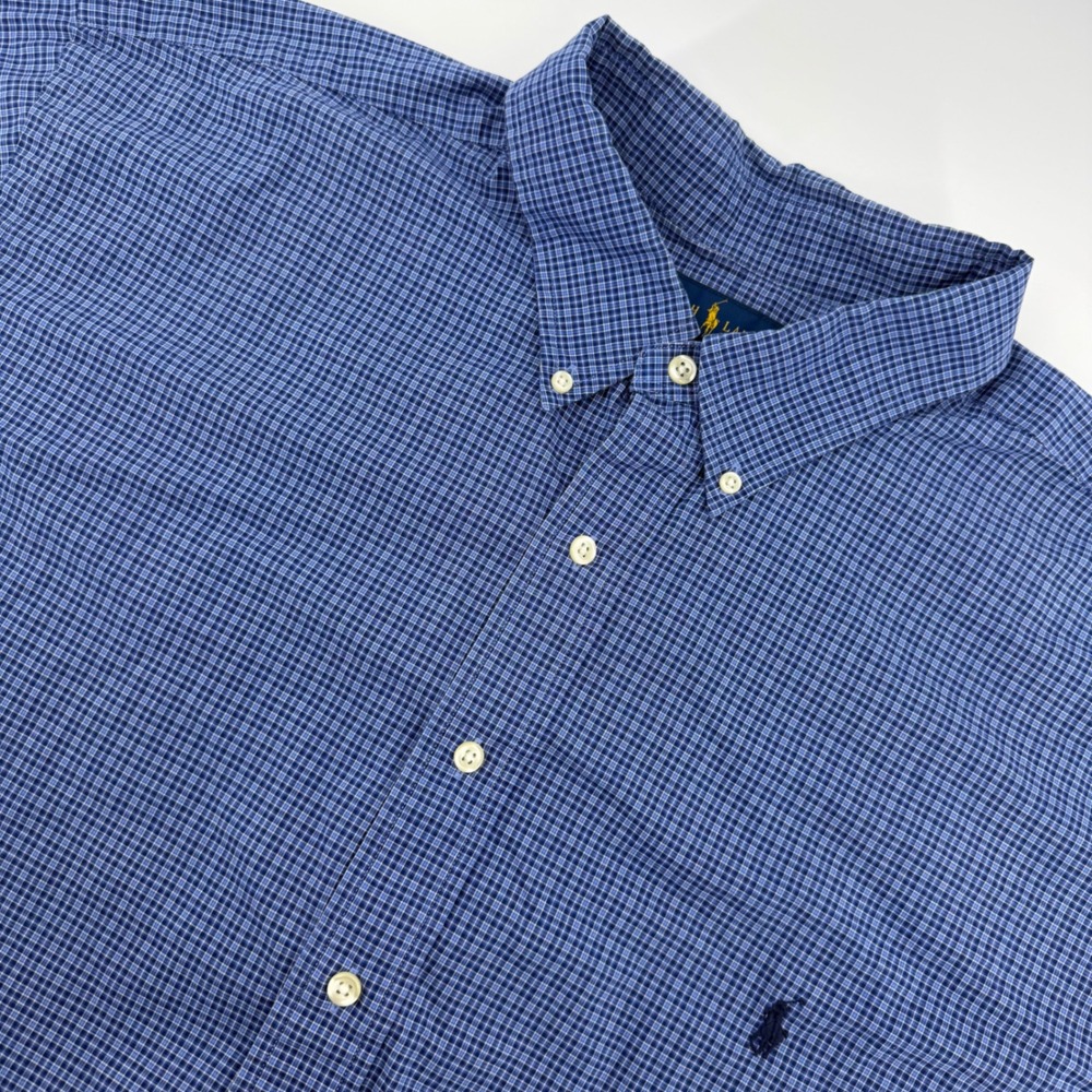 Ralph Lauren Button Down Shirt Mens 2XB Blue Check Short Sleeve Cotton Stretch